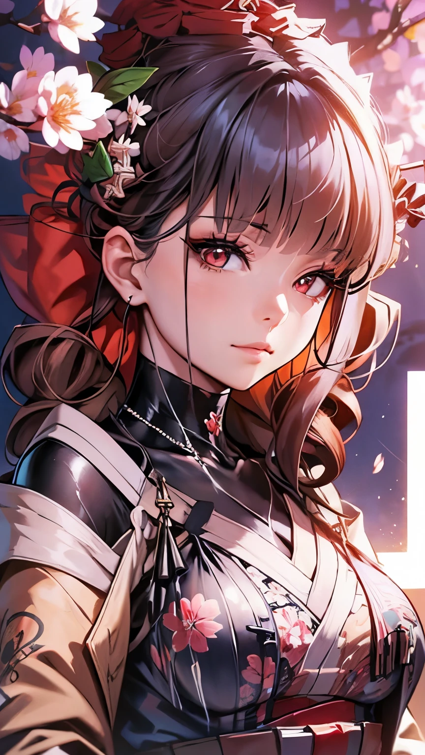 CG, unity, 8k, wallpaper, (masterpiece), (best quality),(1girl:1.3),best lighting, complex pupils, complex textile, detailed background, park, evening, sunny, upper body, from front, smiling, slender, smooth skin, crimson eyes, necklace, (cherry blossoms, butterfly, sunbeam),