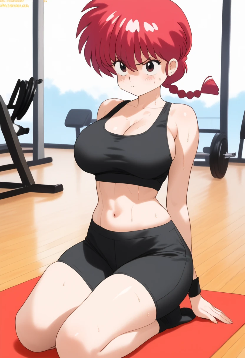  Ranma saotome , red hair, braided hair, Big boobs, NSFW, Pecho enorme, redondo,  inflated and overfilled breasts, abdomen sexy, beautiful face, pose sexy,  beautiful woman , fullbody, workout clothes, black exercise top,  black shorts,  bare navel ,  thick thighs , sweat,  value leaving the body,  strong and marked abdomen,  hard abs , tired,   tired face , 