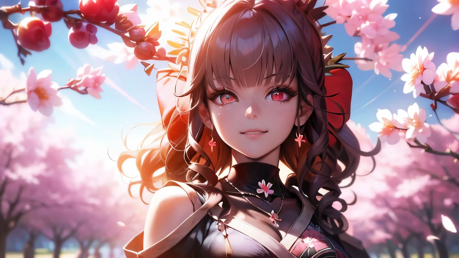 CG, unity, 8k, wallpaper, (masterpiece), (best quality),(1girl:1.3),best lighting, complex pupils, complex textile, detailed background, park, evening, sunny, upper body, from front, smiling, slender, smooth skin, crimson eyes, necklace, (cherry blossoms, butterfly, sunbeam),