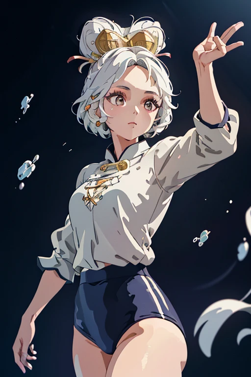 In a (masterpiece) of the (highest quality), an (ultra-detailed) illustration comes to life. The artwork features (1girl), standing ()wearing a Black gymnastics bloomers, High leg、white blouse, cowboy shot、　　 with a confident stance, while (). Against a (simple background), her (beautifully detailed eyes) steal the spotlight, exuding charm and depth. With (flawless beauty) and a vibrant color palette, the artwork is (highly saturated), creating a captivating visual experience. Colorful splashes and a floating bubble add a touch of whimsy, while a (bright) glow accentuates the focus on her face. The attention to detail in this illustration is truly (remarkable).wearing a Black gymnastics bloomers, High leg、white blouse, cowboy shot、　　