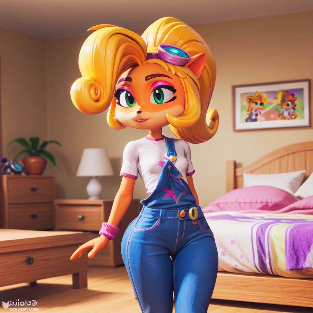 Score_9, score_8_up, score_7_up, score_6_up, Coco Bandicoot, 1 Girl, solo, coco bandicoot, short hair, blonde hair, green eyes, pointy ears, furry, Coco Bandicoot, female, furry, animal ears, orange fur, blonde hair, green eyes, pink eyeshadow, ponytail, long hair, googles on head, white shirt, short sleeves, pink sleeves, denim overalls pants, close view, standing, Wooden bedroom, bedroom, wide hips, small breasts, thick legs, Big ass, loli body, small girl, sexy body, seductive body, lolicon, Big ass, bouncing hips, wide hips, Big ass, 3d 