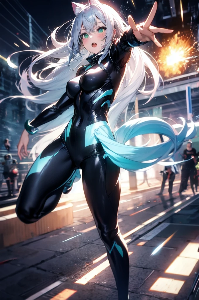 Comics style, Various full-body attack poses and immersive effects, Hover effect, Brightly colored graphite style background "HDR Ultra" detailed and with focus effect, (finely detailed beautiful eye: 1.2), Beautuful Women, (finely detailed eyes and detailed face:1.3), (beautiful and clear background:1.2), (extremely details CG, Best Shadow:1.1), Depth of field and blur, (White background:0.5), (Very thin and beautiful: 1.1), (perfect detail: 1.1) Doodle style background, digitial illustration, Center, Dynamic, Highly detailed, Watercolor painting, art stations, concept-art, Sharp Focus, Art by Kim Hyun-tae, Full body shot, character sheets, Lightning Wave, beautiful anime watercolors, graffiti paint, Fine detail, intricate detailes, Proportions illustration,rubbersuit, huge tit, Clench your fists, Nipple float, Inorganic background, 1womanl, Exposing the chest, Raising his arms and showing his armpits, Contrast enhancement