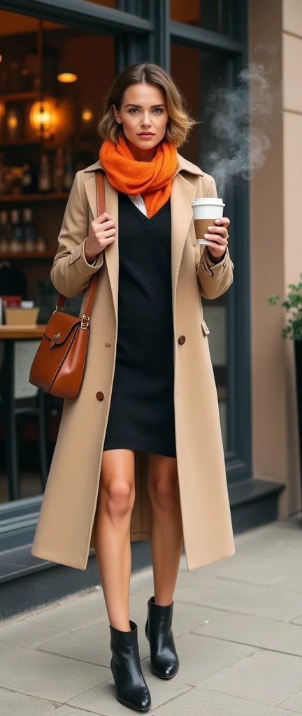 masterpiece,  fashion style  , 1 Woman (The long golden ),( beige soft fabric trench coat  ,( minimal masterpiece,  fashion style  , 1 Woman (The long golden ),( beige soft fabric trench coat  ,(  a slightly dark red scarf made of minimal thin fabric),( a black knit dress that fits the body ),( Miniskirt Length ) , ( black long boots),Brown leather bag  ,Knitted texture, The boots have an enamel texture,She is standing in front of a cafe,holding a coffee cup, steam ,Hair fluttering in the wind,cold,  ultra wide shot thin fabric black and white scarf ),( a black knit dress that fits the body ),( Miniskirt Length ) , (black enamel long boots),Brown leather bag  ,Knitted texture,(she has a Paper Coffee Cups), steam ,The background is a cafe street ,Hair fluttering in the wind,cold, ultra wide shot