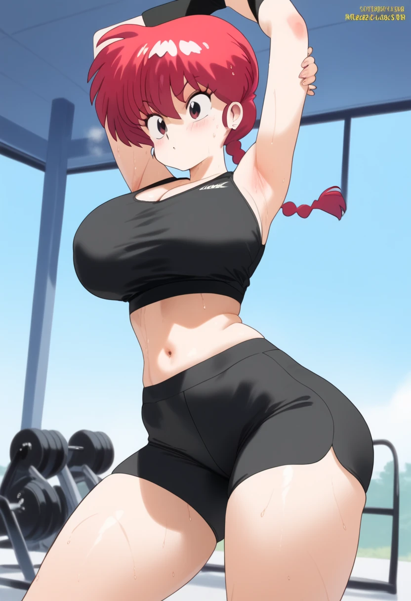  Ranma saotome , red hair, braided hair, Big boobs, NSFW, abdomen sexy, beautiful face, pose sexy,  beautiful woman , fullbody, workout clothes, black exercise top,  black shorts,  bare navel ,  thick thighs , sweat,  value leaving the body,  strong and marked abdomen, stretching,   