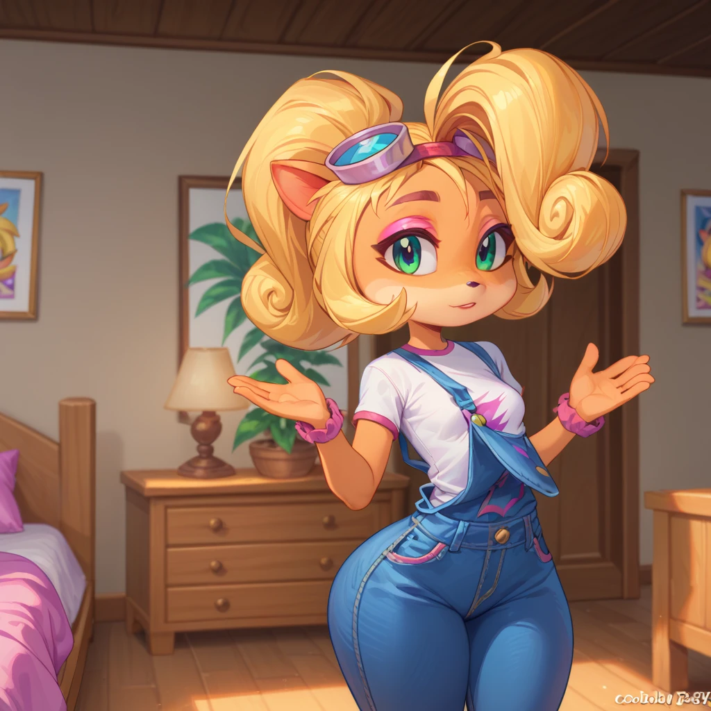 Score_9, score_8_up, score_7_up, score_6_up, Coco Bandicoot, 1 Girl, solo, coco bandicoot, short hair, blonde hair, green eyes, pointy ears, furry, Coco Bandicoot, female, furry, animal ears, orange fur, blonde hair, green eyes, pink eyeshadow, ponytail, long hair, googles on head, white shirt, short sleeves, pink sleeves, denim overalls pants, close view, standing, Wooden bedroom, bedroom, wide hips, small breasts, thick legs, Big ass, loli body, small girl, sexy body, seductive body, lolicon, Big ass, bouncing hips, wide hips, Big ass, 