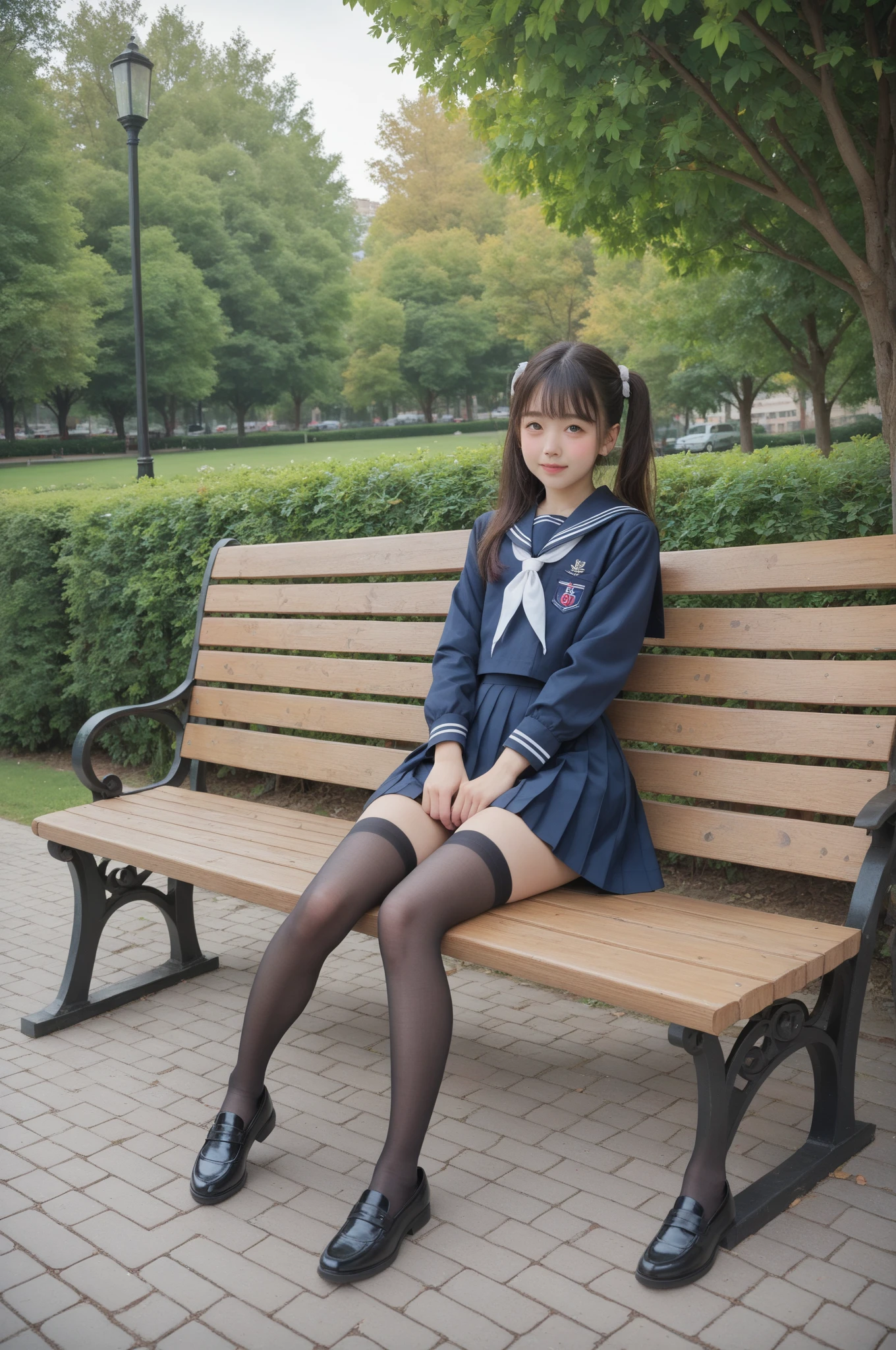   sailor suit ,***************************, cute girl,masterpiece,4K,8k,16k,  black stockings,  sit on a park bench , is short