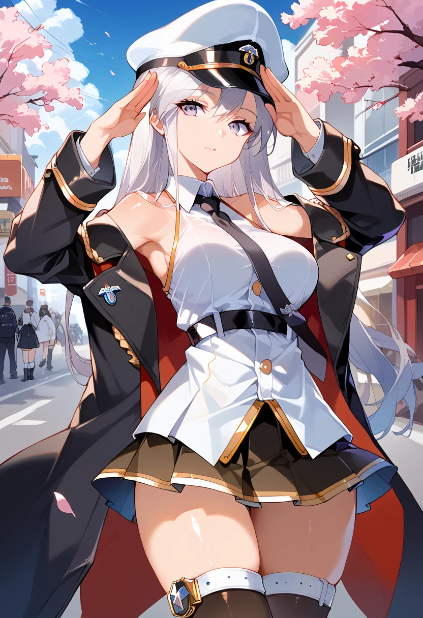 score_9, score_8_up, score_7_up, source_anime, (street, cherry blossoms), (close-up), (curvaceous,, solo, outdoors,shiny skin,looking at viewer, salute,standing,epsd, military hat, eagle union (emblem), necktie, white sleeveless shirt, off shoulder, military coat, belt, pleated skirt, thighhigh, black high heel boots,)
