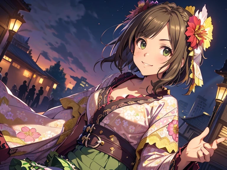 woman, cheerful grin, waving at the camera, looking at viewer, short hair, brown hair, green eyes, slim, beautiful breasts,  ((lolita fashion:1.5),(petticoat pannier:1.4),(high-waisted, flowing skirt with kimono motifs:1.6),(wrap-around bodice with obi-like belt:1.2),(large flower pattern:1.3),(long flared kimono sleeves:1.1),(braided boots:1.3)), 20-year-old, in the city, with a rainbow, with a flower, in the evening, cute, the anime one, soft lines, upper body, from front, Golden hour high resolution, masterpiece,  textured skin, 