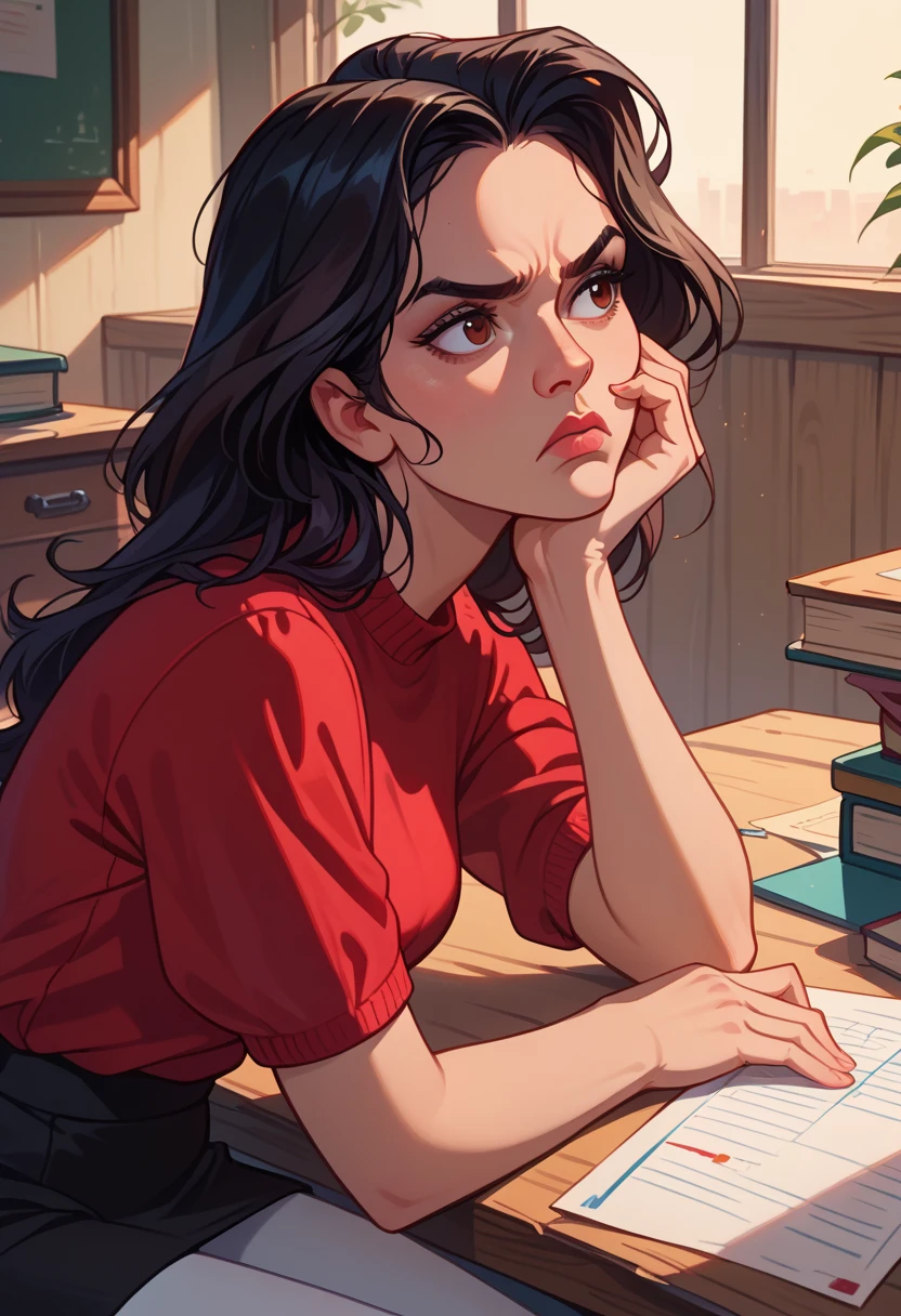  black hair, girl,  dark brown eyes , Red knit shirt , Black skirt,  white leggings pants,  Serious, desk,  looking to the side, close up on face, beautiful , perfect anatomy , dynamic pose