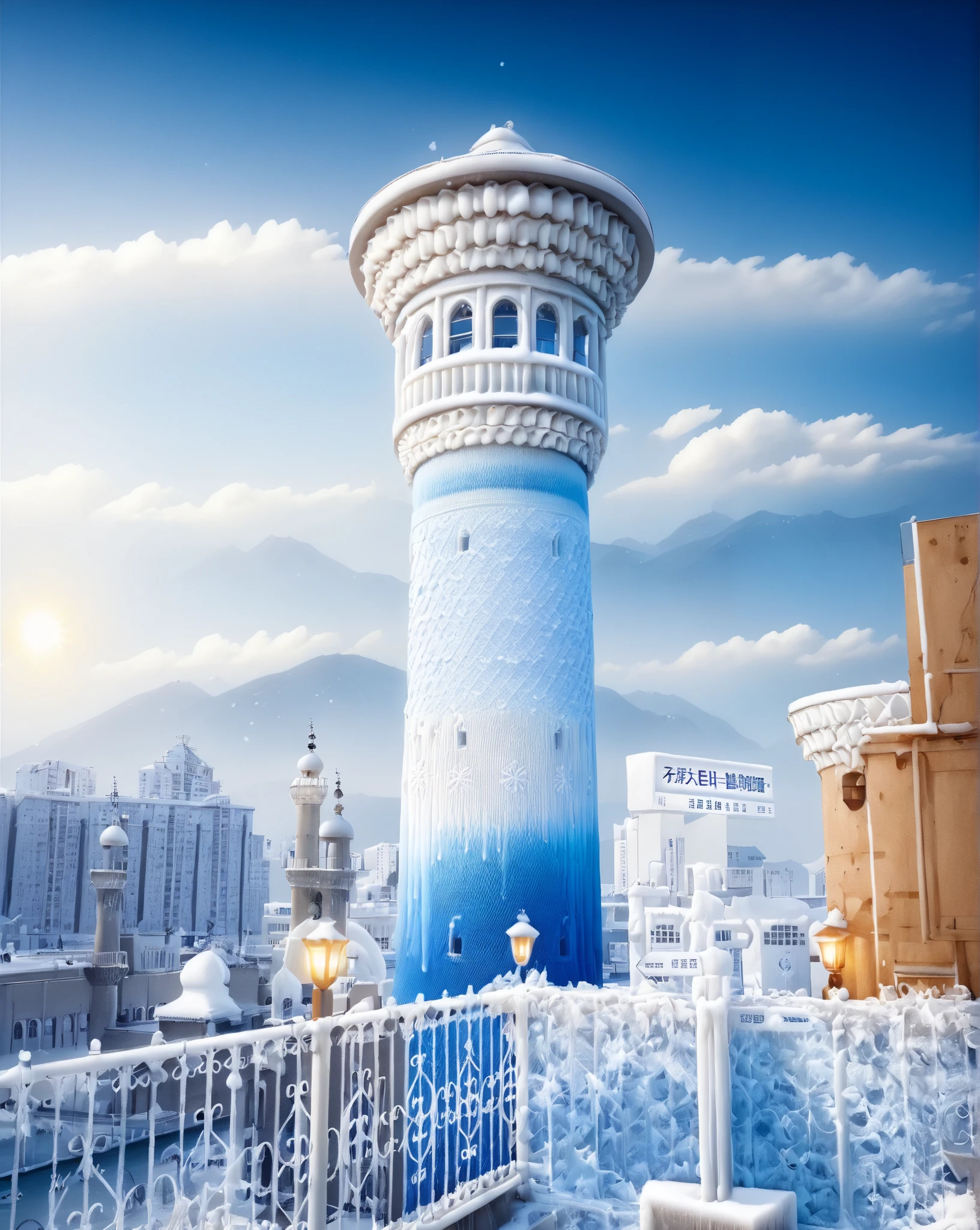  southern wall·knitted wool 、 Clear Water and Ice Effect Enhancer 、WB Mountain Landscape Descriptors： Construction Wrapped Sweaters， knitted wool effect ， Rich colors，Bright colors，Snow Flakes in the Sky ， A thin layer of snow piled up on the building， Winter scene ，Clear and clean sky ，Blue sky,