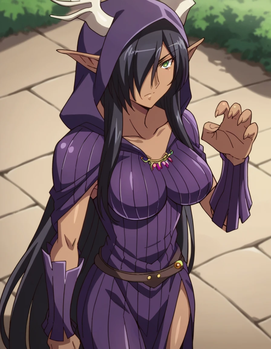  score_9,  score_8_above,  score_7_above,   source  _animated,
Olgadiscordia ,  Olga Discord,  long hair,  black hair,  green eyes, very  long hair,  pointy ears ,  dark skin ,  hair over an eye , hembra de  dark skin , elf, dark elf,  outdoor, urban landscape,  looking at the viewer ,  Dutch angle,  cowboy shot,  midnight purple hood , midnight purple scarf ,  midnight purple tunic , black metal armor,  bull horns coming out of each shoulder, black metal gauntlets, bear claw fingers,Big boobs