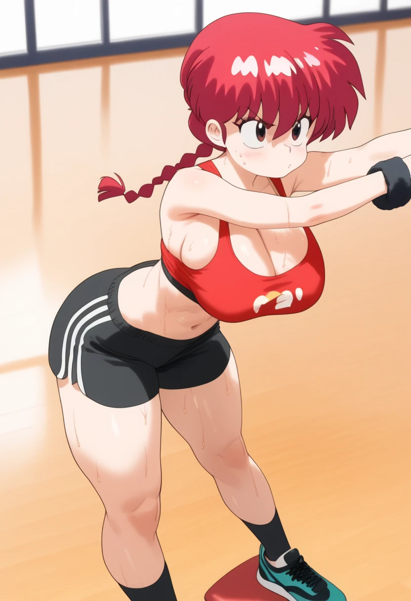  Ranma saotome , red hair, braided hair, Big boobs, NSFW, Pecho enorme, redondo,  inflated and overfilled breasts, abdomen sexy, beautiful face, pose sexy,  beautiful woman , fullbody, workout clothes, black exercise top,  black shorts,  bare navel ,  thick thighs , sweat,  value leaving the body,  strong and marked abdomen,  hard abs , tired,  stretching, micro top