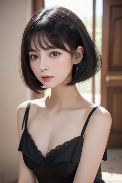 Woman wearing a necklace around her neck:Sit on a chair, Short Hair, , she has black hair With bangs, neat hair With bangs, With bangs, , Short Hair With bangs, 
