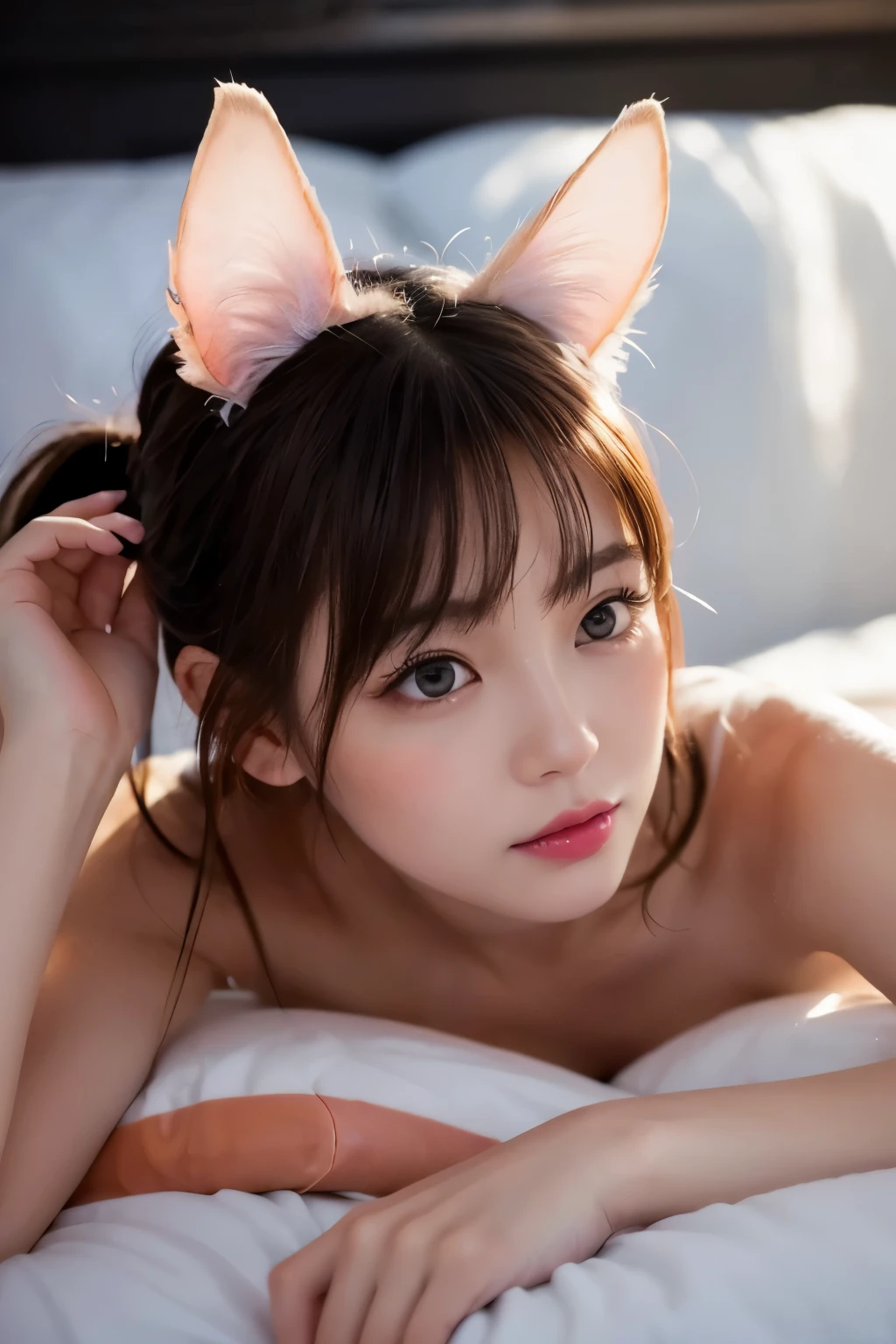 HD Details, full body close-up of a completely naked woman kneeling on the floor, Long brown hair with red eyes, a wolf tail and wolf ears on his head, sucking something in your mouth while looking up with almost all of it in your mouth