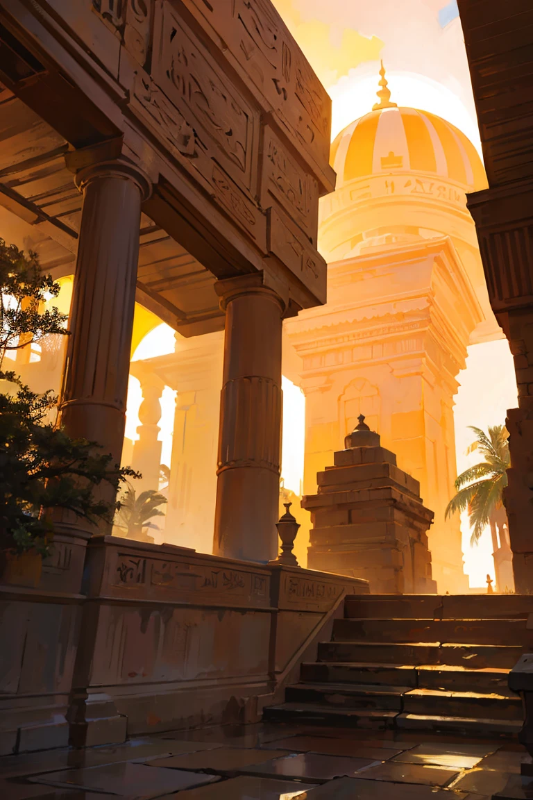 ,Egyptian architecture,Giant Sun,Orange Sun,waterfall,tree, Anime Stripes 