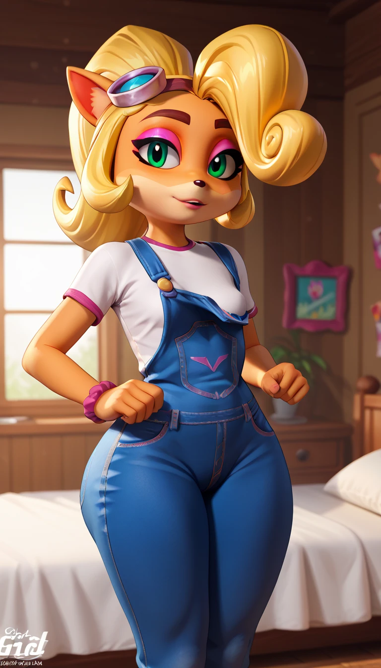 Score_9, score_8_up, score_7_up, score_6_up, Coco Bandicoot, 1 Girl, solo, coco bandicoot, short hair, blonde hair, green eyes, pointy ears, furry, Coco Bandicoot, female, furry, animal ears, orange fur, blonde hair, green eyes, pink eyeshadow, ponytail, long hair, googles on head, white shirt, short sleeves, pink sleeves, denim overalls pants, close view, standing, Wooden bedroom, bedroom, wide hips, small breasts, thick legs, Big ass, loli body, small girl, sexy body, seductive body, lolicon, Big ass, bouncing hips, wide hips, Big ass, 3d 