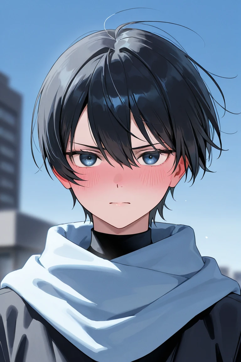 A man that is 23 years old. He has black hair and sky blue cold eyes. He's serious blushing and tall. He is wearing black normal clothes.