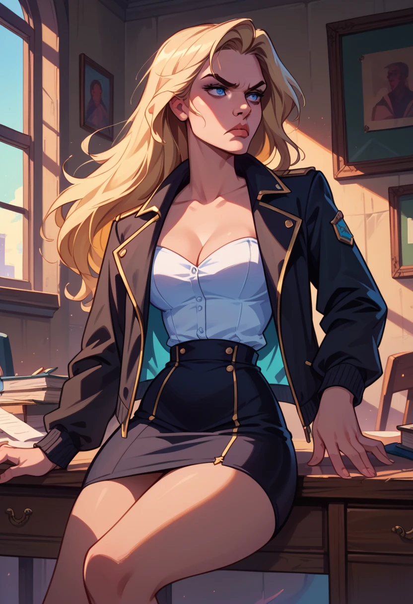  blonde hair, girl,  Blue Eyes, black jacket, top white, Black skirt,  thick thighs , focus legs,  Serious, desk,  looking to the side, , beautiful , perfect anatomy , dynamic pose,  perfect lighting