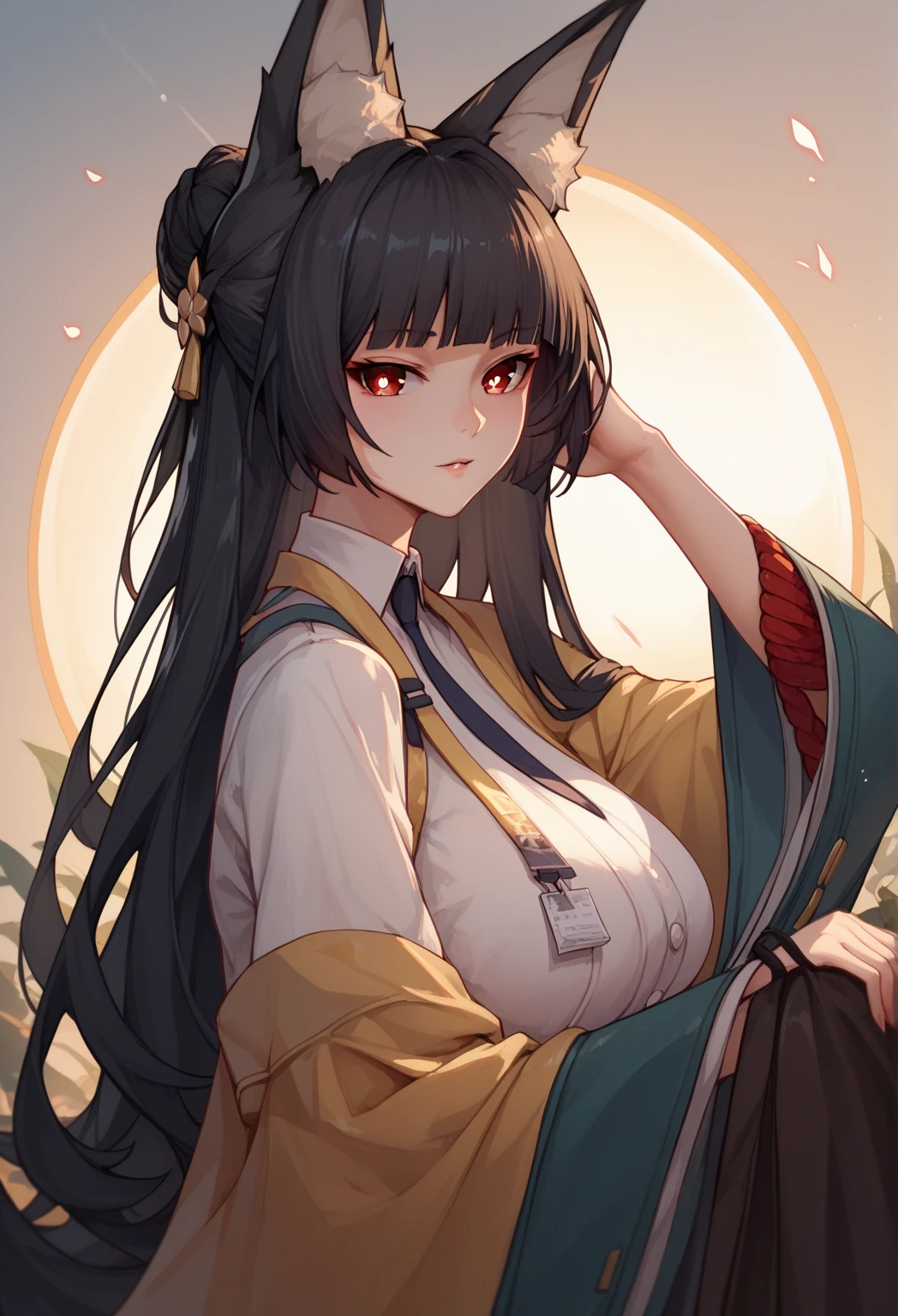 miyabihoshimi, miyabi hoshimi,animal ear fluff, animal ears, black hair, bright pupils, fox ears, fox girl, half updo, long hair, red eyes, sidelocks, white pupils,