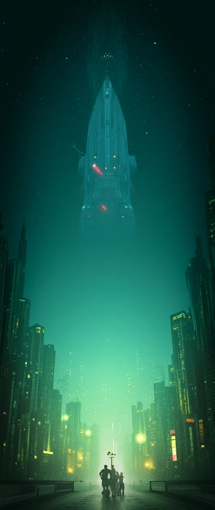 The image is a digital illustration of a futuristic cityscape at night. The sky is filled with stars and planets, and the city is lit up with green and yellow lights. In the center of the image, there is a large white spaceship with a red stripe running along the side. The spaceship appears to be flying over the city, with a city skyline below it. The city is made up of tall buildings and skyscrapers, and there are a few people walking on the street below. The overall mood of the illustration is surreal and dreamlike.