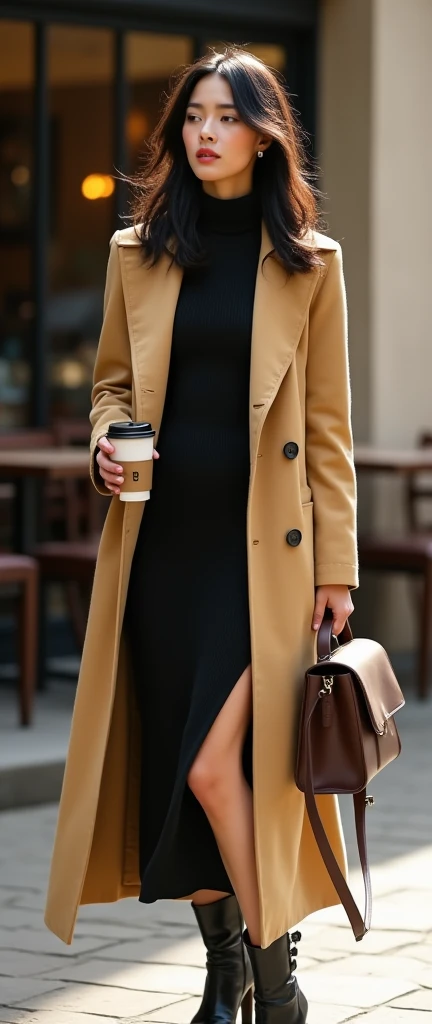 masterpiece,  fashion style  , 1 Woman (The long golden ),( beige soft fabric trench coat  ,( minimal masterpiece,  fashion style  , 1 Woman (The long golden ),( beige soft fabric trench coat  ,(  a slightly dark red scarf made of minimal thin fabric),( a black knit dress that fits the body ),( Miniskirt Length ) , ( black long boots),Brown leather bag  ,Knitted texture, The boots have an enamel texture,She is standing in front of a cafe,holding a coffee cup, steam ,Hair fluttering in the wind,cold,  ultra wide shot thin fabric black and white scarf ),( a black knit dress that fits the body ),( Miniskirt Length ) , (black enamel long boots),Brown leather bag  ,Knitted texture,(she has a Paper Coffee Cups), steam ,The background is a cafe street ,Hair fluttering in the wind,cold, ultra wide shot