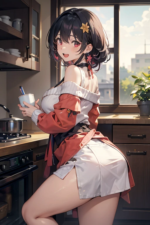 masterpiece, yor, 1girl, Amazing Cleavage:1.3, thin waist, big ass, Raised sexy, medium breast: 1.8 posed cleavage:1.2、solo, looking at viewer, open mouth, have a cup of coffee,black hair, red eyes, dress, bare shoulders, jewelry, collarbone, sidelocks, hairband, earrings, indoors, off shoulder, :o, sweater, arms behind back, plant, short hair with long locks, white hairband, off-shoulder dress, sweater dress, off-shoulder sweater, red sweater, big side hair, very long side hair,is rendered in (masterpiece: 1.2, best quality), with (ultra high resolution) and an exquisite (depth of field). This masterpiece is not only visually stunning but also tells, make of cake cooking ,in the kitchen
