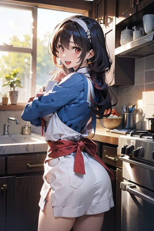 ((((highest quality)))), (((Ultra-precision CG 16K))), (((masterpiece))), (((Very detailed))), (((Extremely detailed))), (((Black outline:1.3, Written boundary depth:1.3 , Written soft outline))), Blur, Bokeh, Maximum clarity and sharpness,Multilayer Texture, Surface Shading, Cinematic lighting, Beautiful details sparkle ,Perfect Proportions, Limited to three woman, BREAK accurate, Anatomically correct, Highly detailed face and skin texture, drawn in detail, Highly detailed facial and skin texture, Detailed eyes, beautiful hair, Beautiful Japanese Idol face, Beautiful and beautiful eyes, Beautiful body, Beautiful breasts, Beautiful thighs, Beautiful legs, Beautiful fingers, (Beautiful views) , skinny body, ((Beautiful Skin)), ((Skin Texture)) BREAK breast enlarged, large Breasts, rocket breasts, slender waist, (blush, smiling:1.3,) BREAK (((oversized_shirt:1.3 , shirt untucked:1.3, no-pants))) , wearing earrings, BREAK (((cooking in the kitchen , pot-au-feu boiling , has a ladle in hand , stick breast out))),(serious, from side:1.3 , from below),