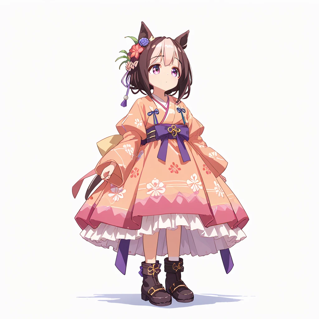 best quality, absurdres, masterpiece, 1人の女の子
special week \(Uma Musume\), 
full body, standing upright, white background, simple background, (purple (lolita fashion:1.5),(petticoat pannier:1.4),(high-waisted, flowing skirt with kimono motifs:1.6),(wrap-around bodice with obi-like belt:1.2),(large flower pattern:1.3),(long flared kimono sleeves:1.1),(braided boots:1.3), cute, beautiful, upper body, from front,, adult, 30-year-old, にっこり笑う, outside, in the city,