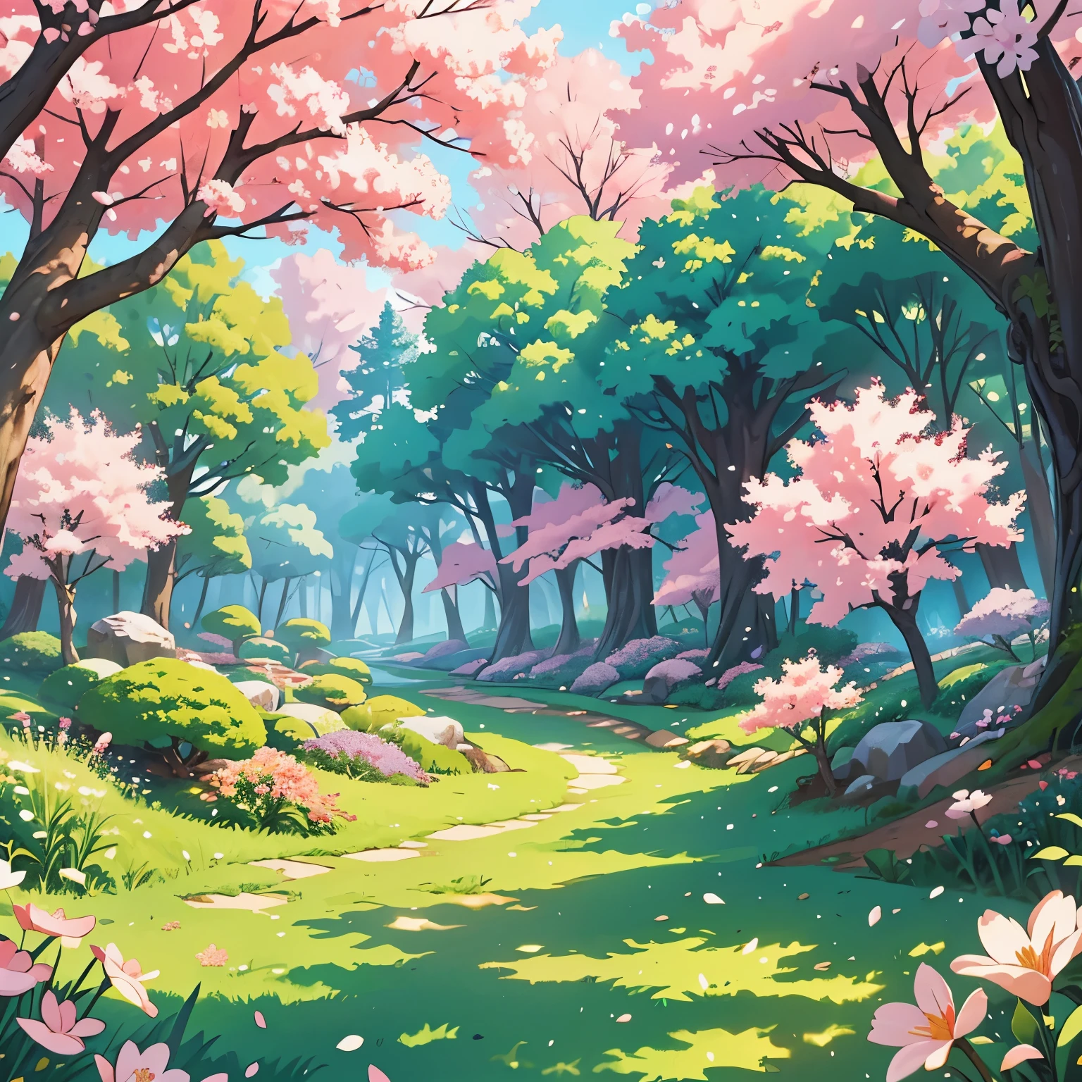 forest japonese background, forest landscape, nature, digital painting, beautiful digital illustration, fantasia background, day, sakura forest, sunlight, sakura forest