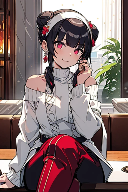 (((Masterpiece))),(((Super Detail))),(((in 8K))),(((best composition))),(((Rim lighting,Fireglow effect,deep shadow))),solo,(Hatsune Miku:1.0),Beautiful fingers,Detailed finger features,(Detailed hair features:1.7),(Dynamic and sexy bending pose:1.3),detailed facial features,detailed clothes features, (perky chest:1.1), (pointed chest:1.3), delicate beautiful face, Bright blue eyes, cute eyes, sparkling eyes, Big eyes, beautiful detailed eyes,double bun with glittering hair ornament,(super detailed glossy skin:1.3),slender body,tits,goddess smile,((with sparkling eyes and a contagious smile)),beautiful posture,have a cup of coffee,black hair, red eyes, dress, bare shoulders, jewelry, collarbone, sidelocks, hairband, earrings, indoors, off shoulder, sweater, arms behind back, plant, short hair with long locks, white hairband, off-shoulder dress, sweater dress, off-shoulder sweater, red sweater, big side hair, very long side hair,(super delicate floral pattern:1.2),seductive cleavage:1.3,beautiful glossy legs,shiny red high heels,lifting dishes with cakesd,french restaurant,hustle and bustle,rising steam,(((depth of fields)))