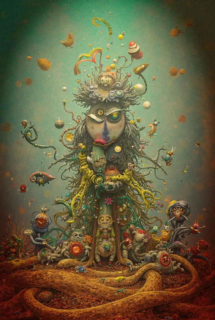 painting of a woman sitting on a chair in front of a fence, inspired by Jack Davis, nychos and arcimboldo, by Jack Davis, by Terry Oakes, inspired by Peter Blume, todd schorr highly detailed, nychos art aesthetic, todd schorr, basil wolverton, alex ross and richard corben, kazuo umezu artwork