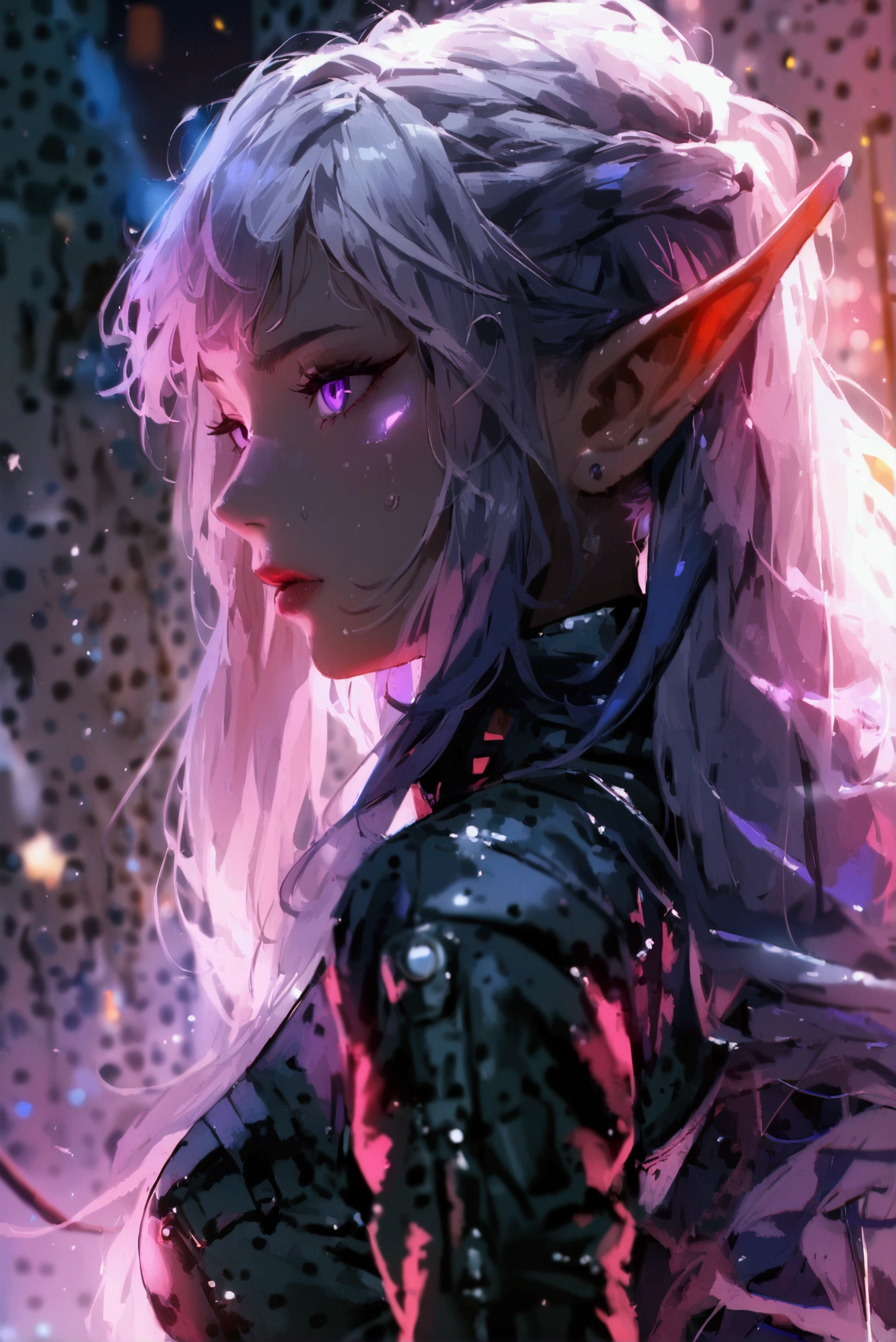 masterpiece, best quality, 1girl, elf, silver hair, purple eyes, long hair, cyberpunk attire