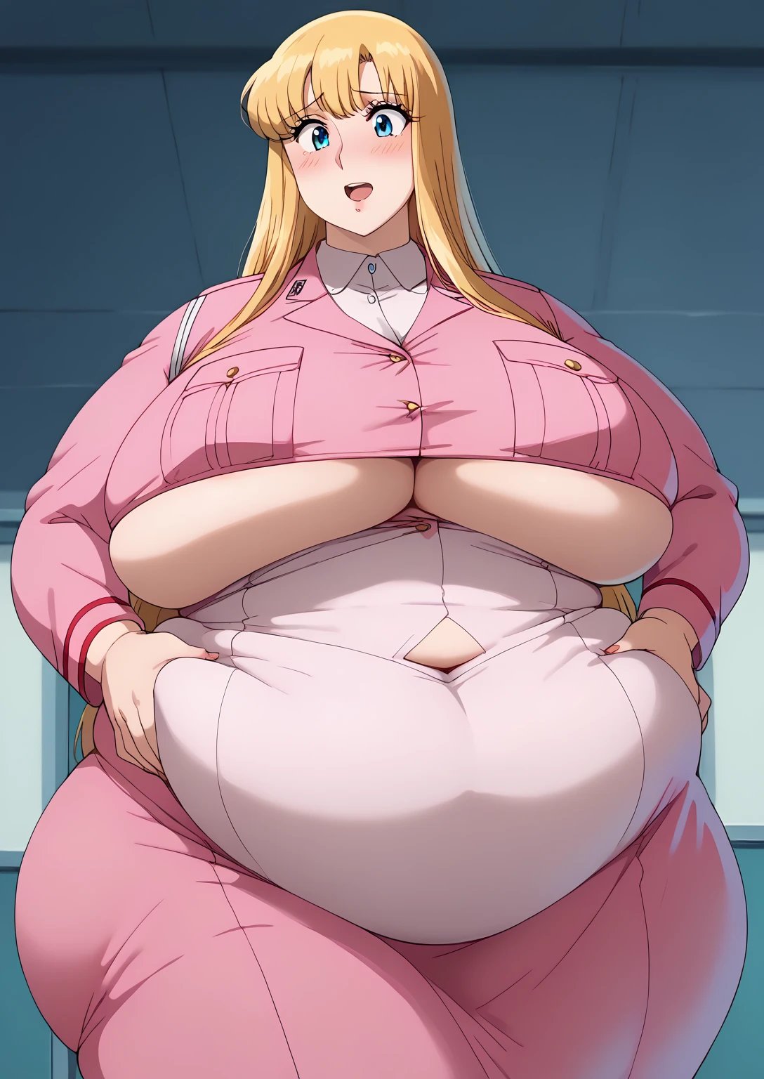 Reiko Akimoto, Akimoto Reiko, long hair,  Golden Hair ,  blue eyes,(( tight skirt )),  pink uniform, Pink Skirt, ( miniskirt), Horny Woman , vulgar woman,  saggy stomach ,huge saggy tits , giant areolas,  Women with bad style,middle-aged woman who is overweight, score_9,   score_8_ up,   score_7_ up,   score_6_ up,   score_5_ up,   score_4_ up,     masterpiece   ,   top quality,     So Aesthetic ,    absurd,    Source_Anime, Anime screencap,    one woman , Alone,   personal   ,  Super huge breasts, ((( super huge clevis, Super huge , Super huge boob))), Curvy,   chubby,  Mature Woman,   obese ,  troubled expression, ssbbw,  embarrassed expression, indoor, A woman with body odor , show off your anal,  gas spreading around the anus where both legs are spread apart,