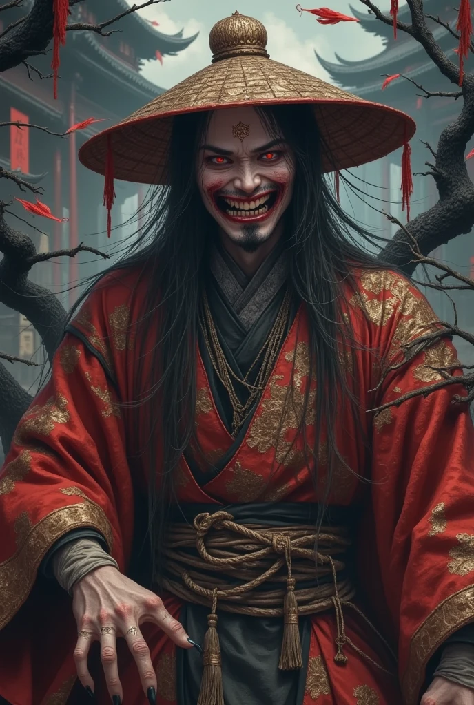 A tall black terrifying Qing Dynasty Zombies man wears Zombies_   Wearing a hat ，mummy，额头上戴着黄福   ,  sharp teeth   ,   teeth and claws  ，  no belt   ，  穿着保皇党士兵经常穿的军官色黑色  ( Stills :1.5), (poster:1.5), (  油画和水彩画  :1.5),( Practical ),(( masterpiece ), (   Best Quality   ), super     high-resolution    ,   Very detailed  ,      dramatic lighting    ,     high-resolution    , 8K, Ridiculous,Chinese building, Chinese tower, Outdated , (Chinese_clean_Zombies:1.5),  调色板又黑又令人毛骨悚然  ,  制造恐惧气氛 . The overall composition reflects the ink elements of Asian horror posters and traditional Chinese aesthetics , (  抹掉并排除日韩风格  ).