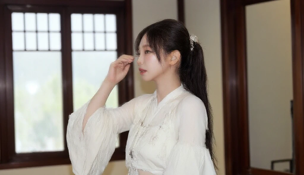 A side-profile upper-body shot of a young and beautiful Korean woman gracefully dressed in an ivory-colored hanbok. She is gently touching her hair ornament with one hand while standing in a serene indoor setting. The surroundings feature traditional Korean architecture, with soft natural light streaming through wooden lattice windows. The scene is realistic and detailed, emphasizing the elegance of traditional Korean aesthetics