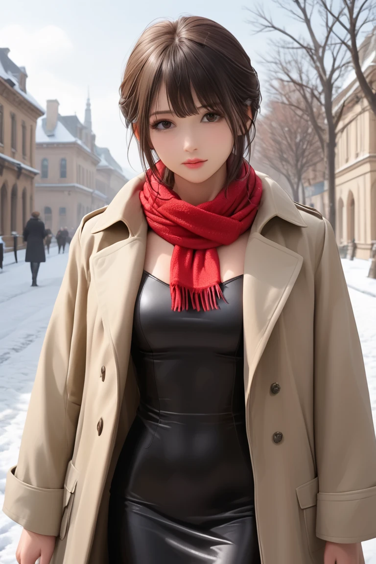 woman wearing Trench Coat and Scarf and sexy dress