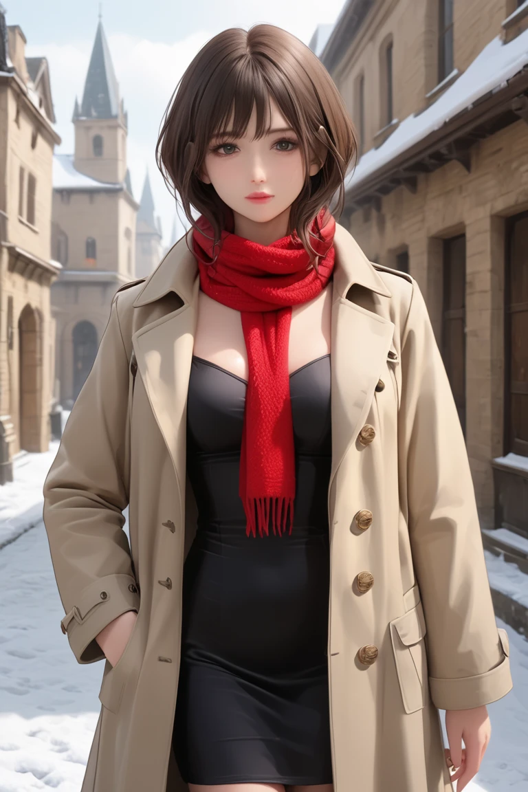 woman wearing Trench Coat and Scarf and sexy dress