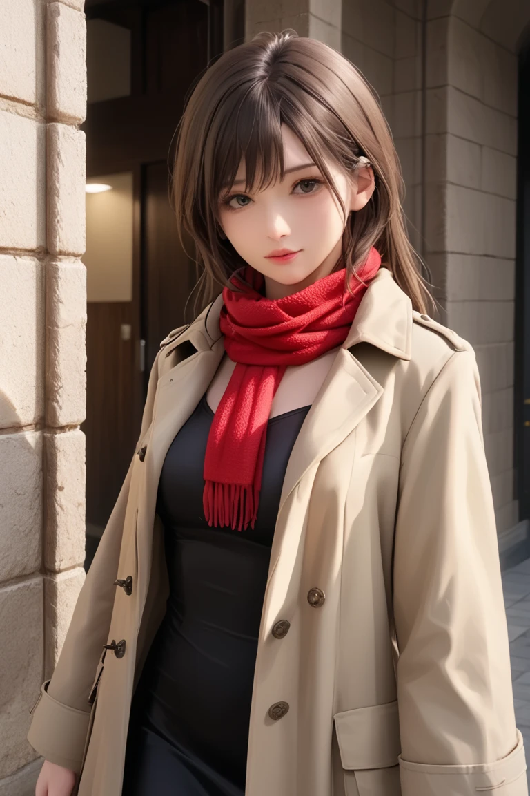 woman wearing Trench Coat and Scarf and sexy dress