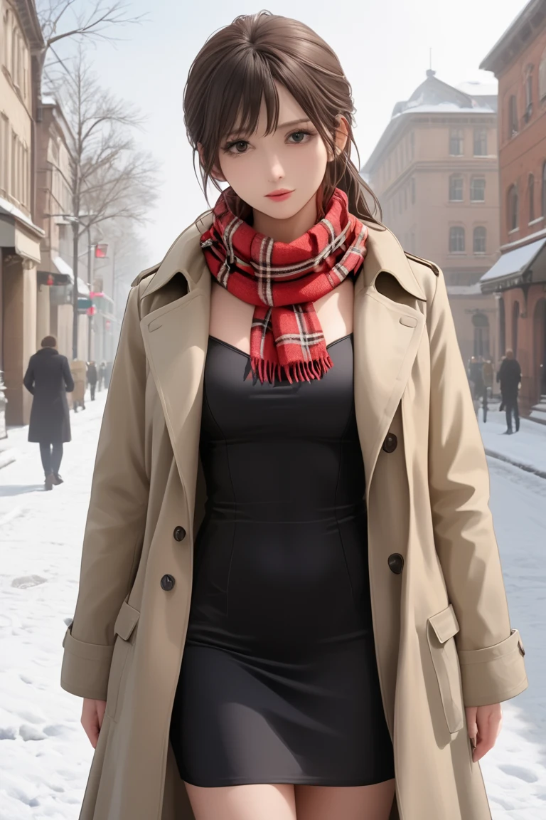 woman wearing Trench Coat and Scarf and sexy dress