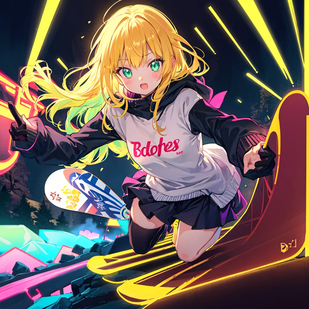  cute、 neon color、 black light 、 snowboard 、Dynamic moves、