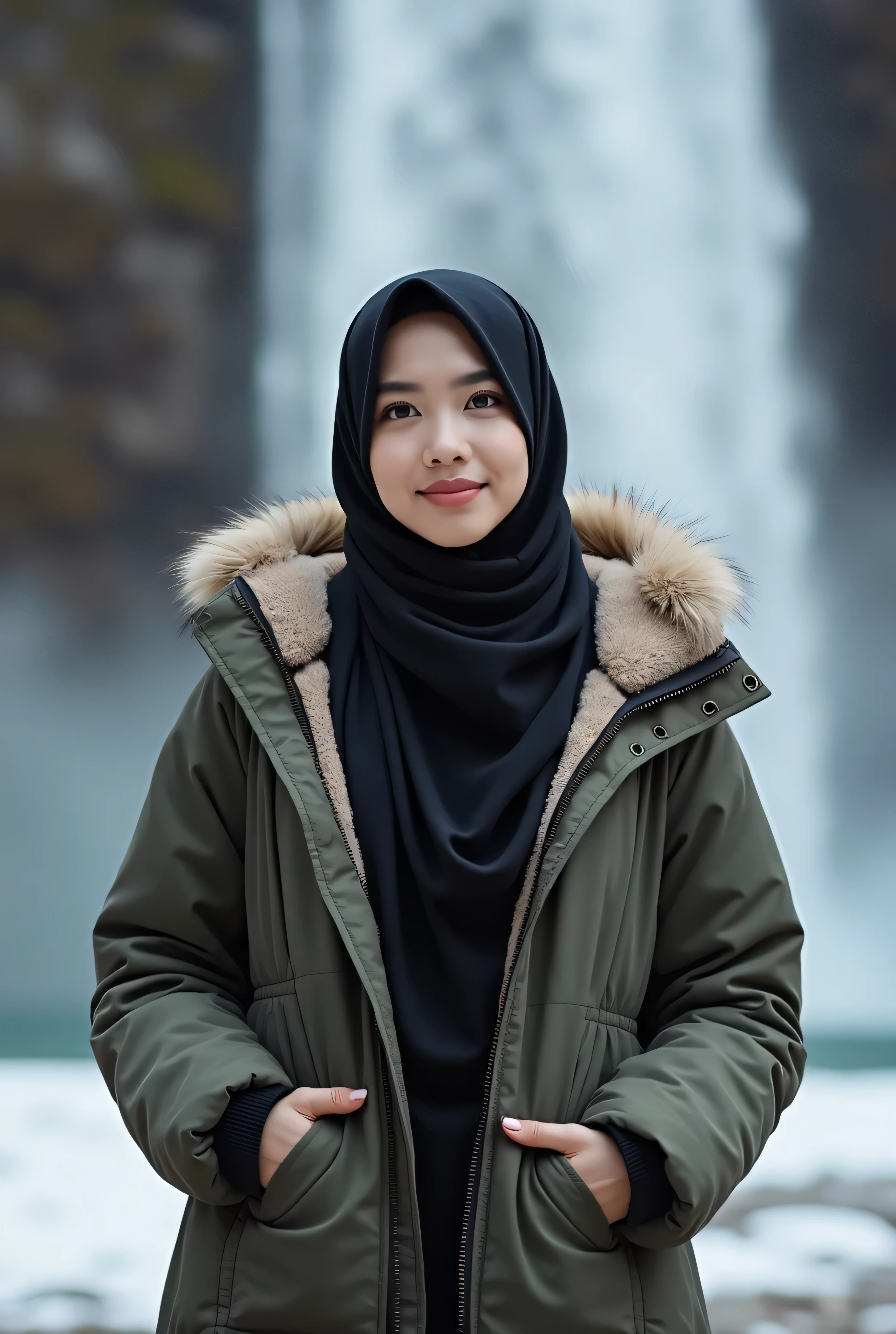 (realistic photos of Hijab Korean female, slightly smile,expressive eyes,eye makeup,lake background,standing posture,confident attitude,Eye-Level Shot, slightly blurry background,UHD,masterpiece:1.2,highres,16k), long Jeans, black, fluffy jacket