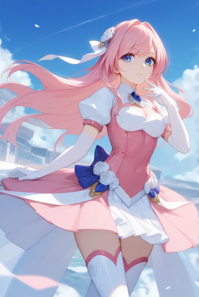 性なる夜,Escalayer, pink hair, long hair, hair_ornament, blue eyes, pink dress, white long glove, thigh_boots,