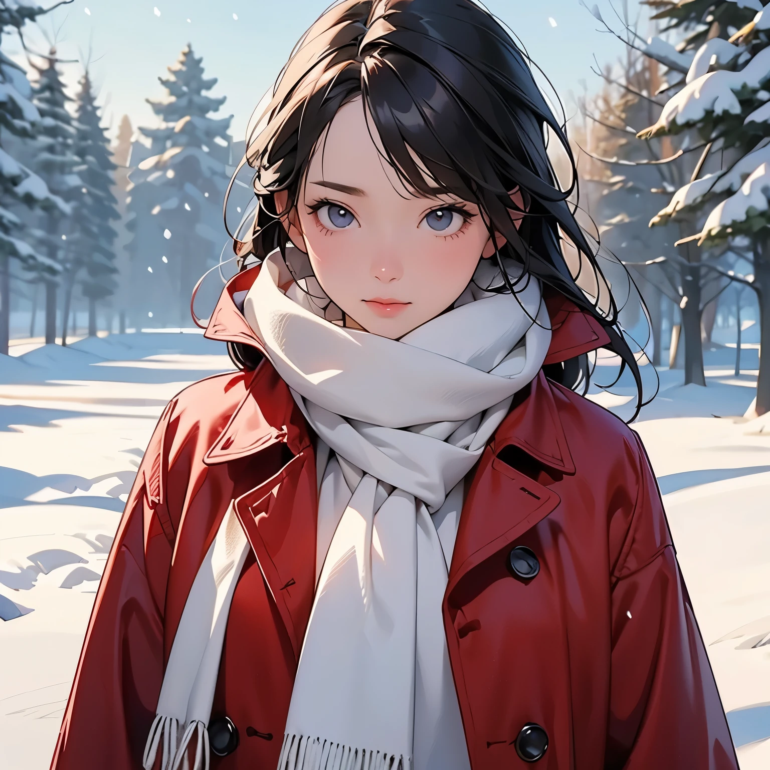  A beautiful young woman standing alone in a snowy field 、 She is wearing a red trench coat and wrapping a white scarf、 it's snowing 、Cinematic scene photo 、