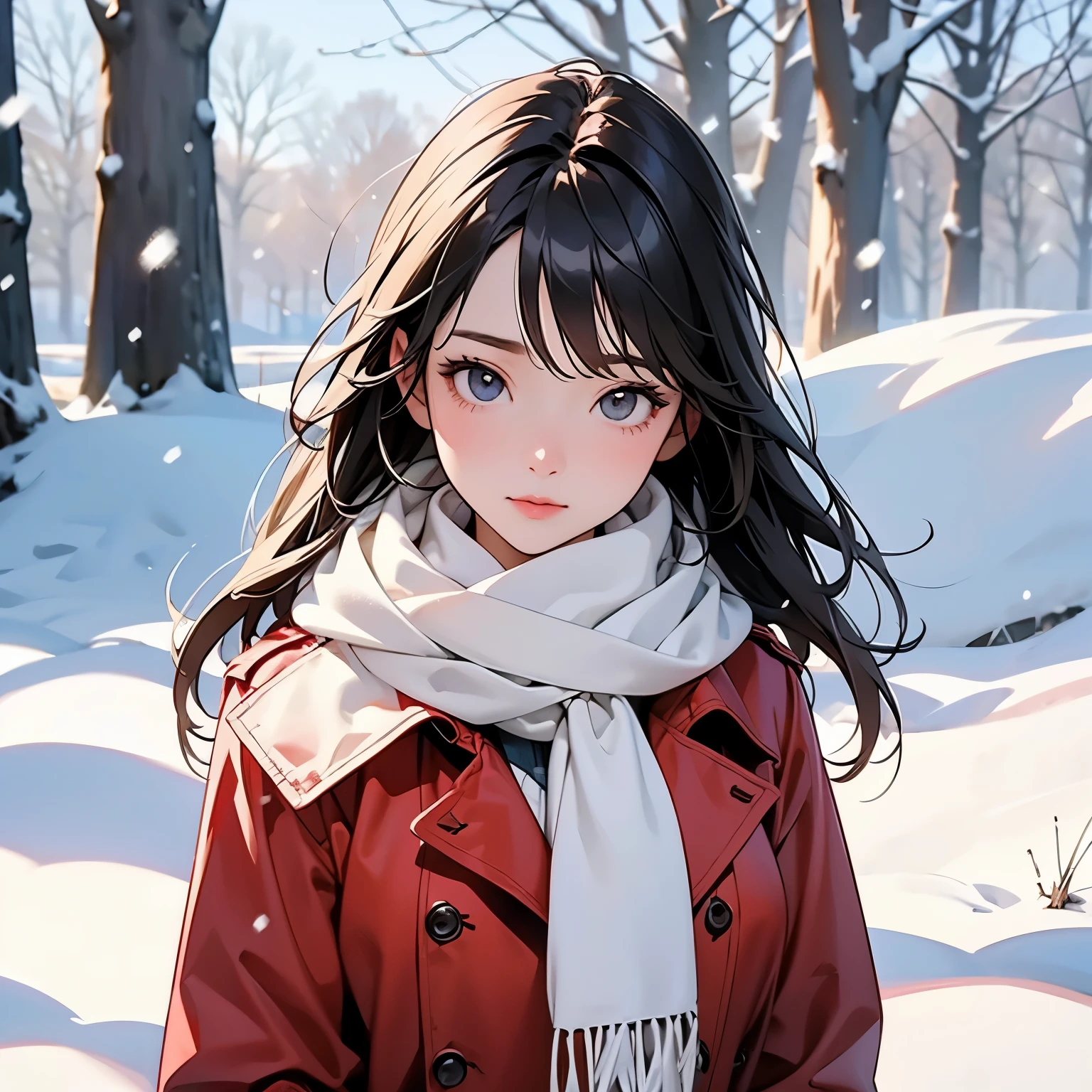  A beautiful young woman standing alone in a snowy field 、 She is wearing a red trench coat and wrapping a white scarf、 it's snowing 、Cinematic scene photo 、