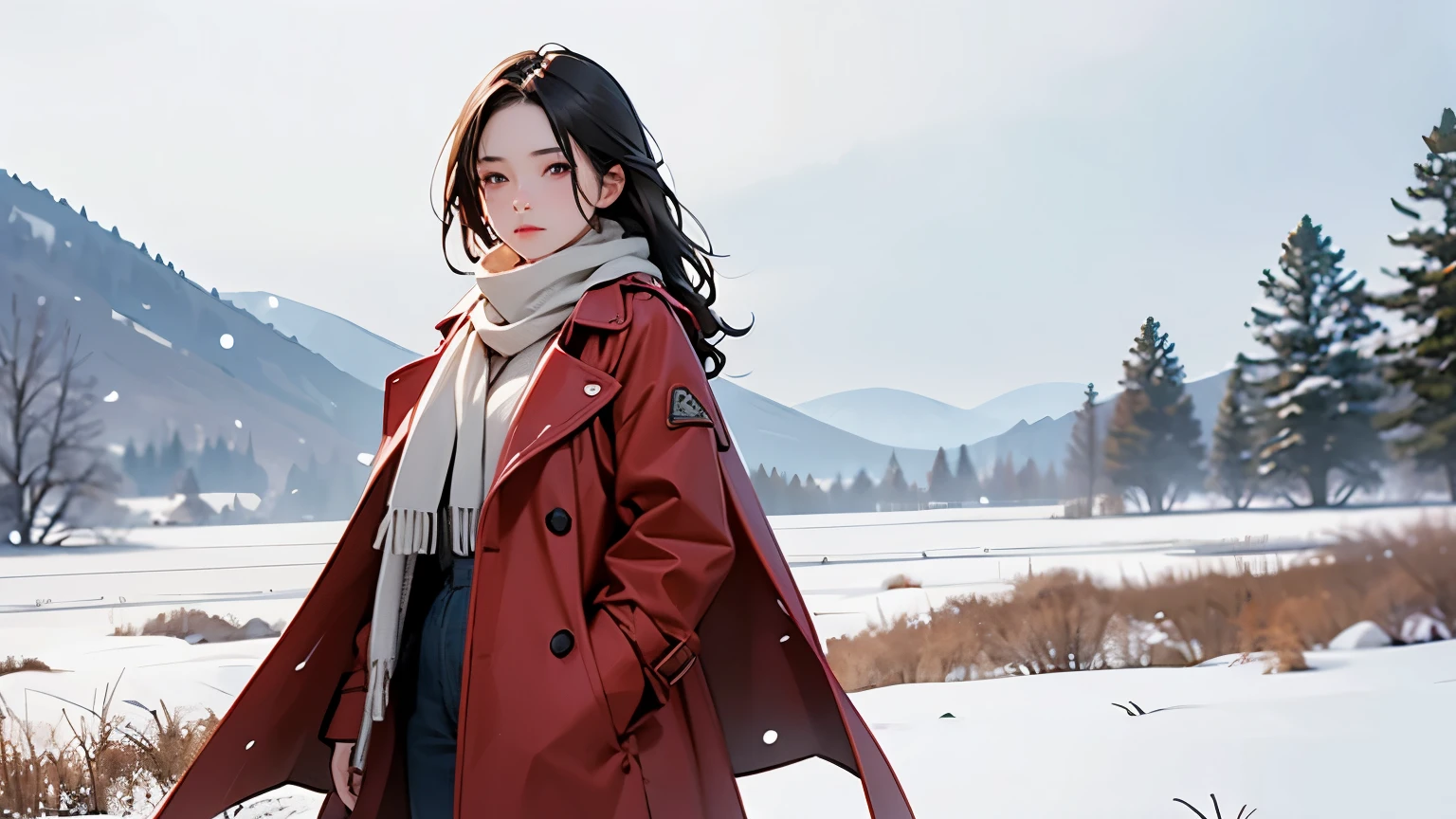  A beautiful young woman standing alone in a snowy field 、 She is wearing a red trench coat and wrapping a white scarf、 it's snowing 、Cinematic scene photo 、