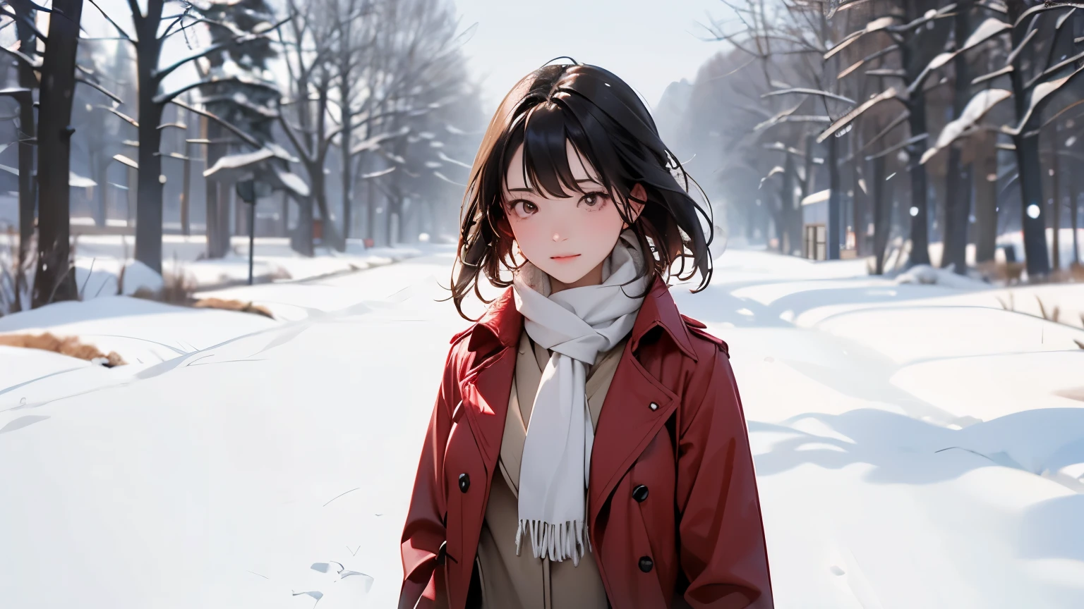  A beautiful young woman standing alone in a snowy field 、 She is wearing a red trench coat and wrapping a white scarf、 it's snowing 、Cinematic scene photo 、