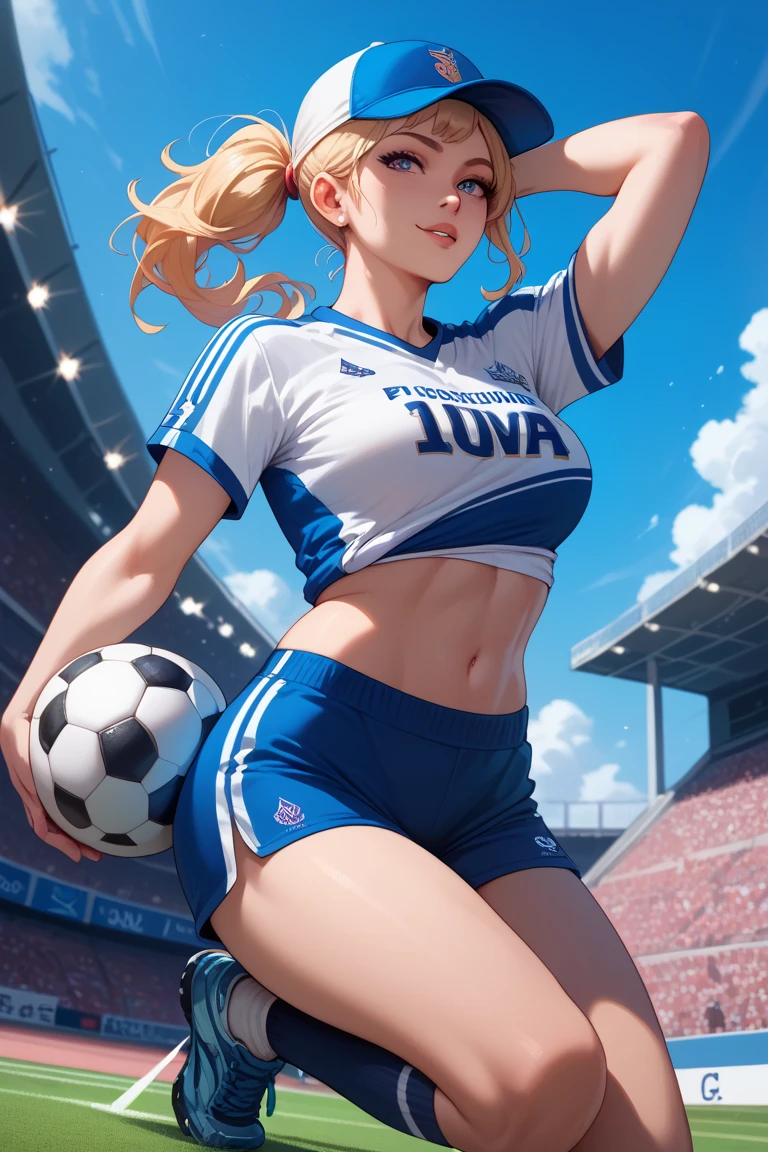 solo, 1 mature woman, ponytail blonde hair, blue eyes, wearing soccer jersey, sport shoes, 8k resolution, ultra-detailed, masterpiece, highest quality, (soccer field), blush, parted lips