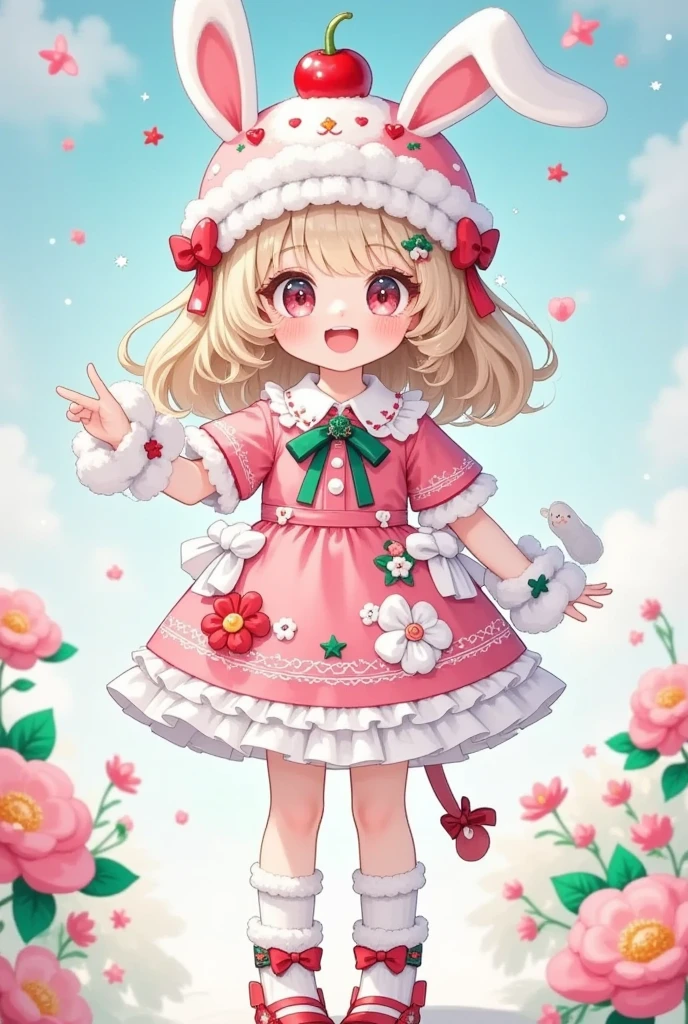 A cartoon girl in a dress and a cupcake with bunny ears, Full body entrustment, Lovely art style, original chibi Bunny Girl, pinterest anime, cute fumo plush Bunny Girl,  MapleStory Character Art , ❤🔥🍄🌪, Guys, Bunny Girl,  Amy Sol uses  , cute detailed digital art , Inspired by Shimoda Hikaru 