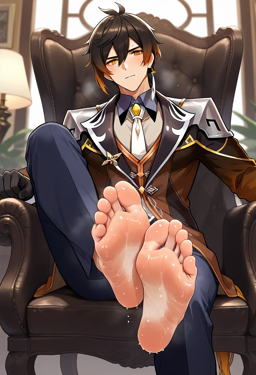 Zhongli Boy feet scrunching his sweaty soles sitting on chair