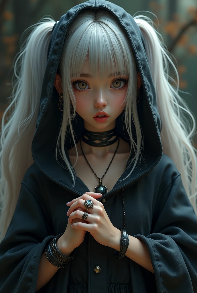 fanciful,yuki,Winters,A girl in the park,Look to the side,Take the flowers,{up-close},Long silver hair,light blue eyes,black ribbon,Long-sleeved dress under a white hooded cape,Dirty and shabby clothes